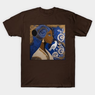 Woman with White Bird in Indonesian Batik Style T-Shirt